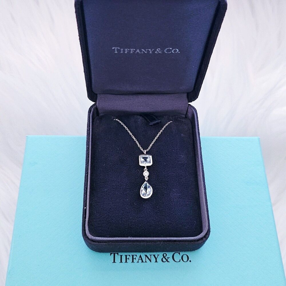 $4000 Tiffany & Co. 18k WG 1.59ctw Aquamarine & Diamond Lariat Pendant Necklace - Picture 2 of 8